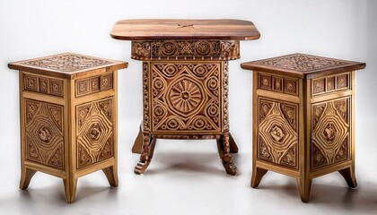 three beautifully crafted wooden tables with intricate designs on a white background