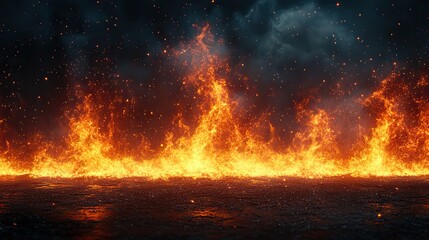 Bright flames erupt from dark ground at night, creating a powerful scene with energy and heat, offering copy space.