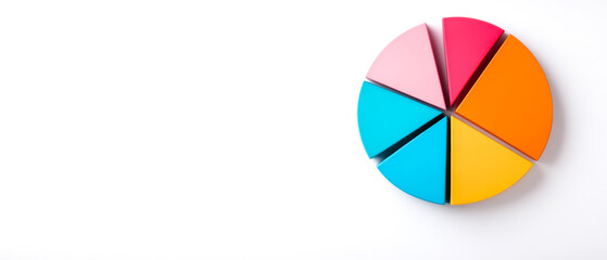 Obraz premium A colorful pie chart divided into six segments, representing data visualization, on a clean white background.