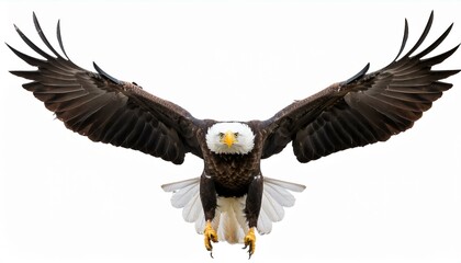Obraz premium bald eagle flying with spread wings front symmetrical face view isolated on white background
