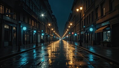Streetlights glisten on wet pavement, evoking a moody and cinematic urban vibe.
