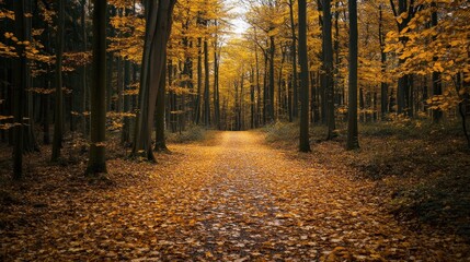 Scenic autumnal woodland path with vibrant golden foliage and serene atmosphere