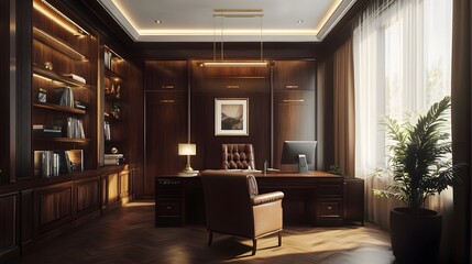 23. **A lavish home office with dark wood furniture, leather chairs, and elegant lighting**