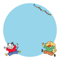 ジャンプするイヌとネコ　コピースペース(ブルー)