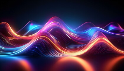 abstract digital art depicting vibrant glowing neon waves reflecting on a dark glossy surface the undulating lines create a dynamic energetic composition