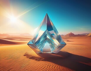 abstract fantasy alien glass spaceship on barren desert planet landscape crystal prism monolith sculpture sparkling in the sun