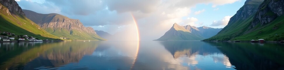 Vibrant double rainbow reflecting in calm waters of Amoyfjord, weather, Norway, sky