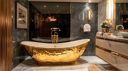 27. **A glamorous bathroom with a gold-accented bathtub and marble countertops**