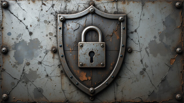 Aged metal shield with lock graphic, security, protection.