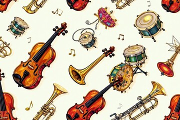 Hand-drawn seamless pattern of musical instruments like violin, trumpet, drums, instruments, trumpet
