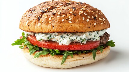 Gourmet Burger with Sesame Bun Tomato and Herb Cheese Filling