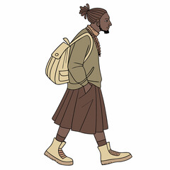 Stylized illustration of a man in a skirt with a backpack walking forward