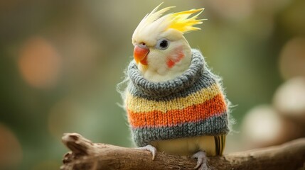 Playful cockatiel sporting a cozy woolen sweater, tilting its head with charm while perched on a rustic branch.