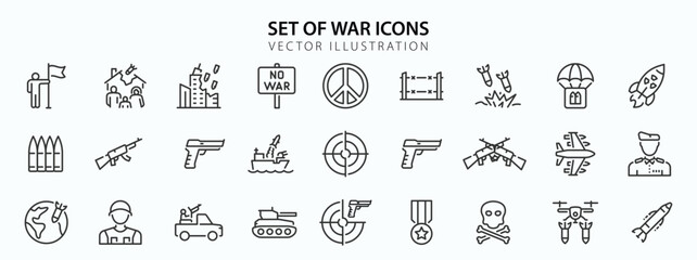 War web icons in line style. Army, battle, conflict, military, missile, refugees, bomb, tank, collection. Vector illustration.