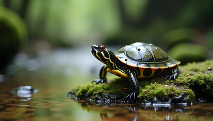 Fototapeta premium Painted turtle resting on mossy rock in a stream
