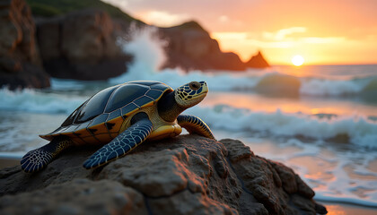Turtle basking on a rock by a forest pond at sunset