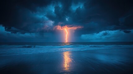 Obraz premium Bright lightning bolts illuminate a dark stormy ocean at night, a dramatic scene of nature's fury and raw power.
