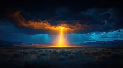 Obraz premium Bright lightning bolts strike from storm clouds, illuminating a desert landscape and mountains, a dramatic scene of nature's energy.