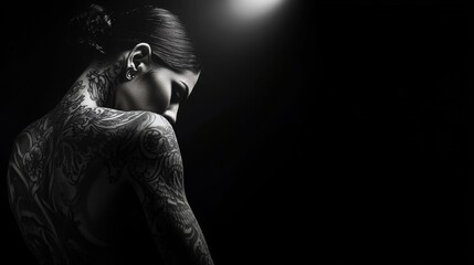 Tattooed woman in spotlight.