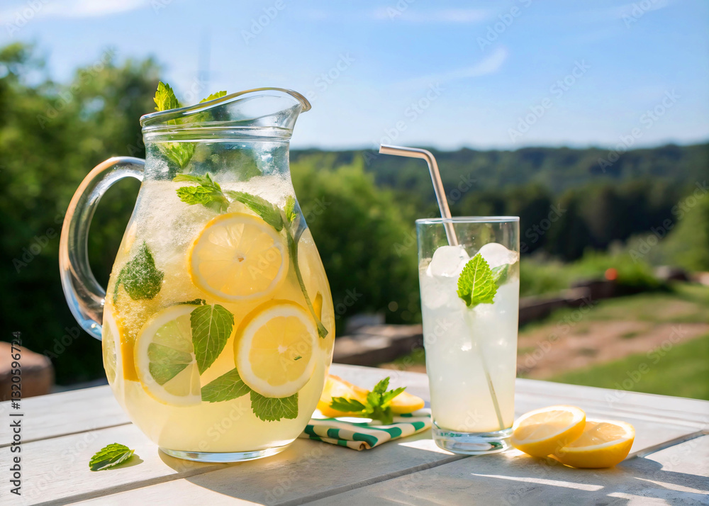 Poster a refreshing pitcher of lemonade with mint sits alongside a glass of lemonade on a sunny day.