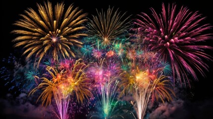 A stunning and vibrant fireworks display lighting up the night sky, creating a festive and joyful atmosphere perfect for celebrations.
