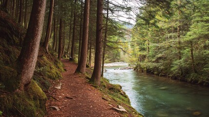 Obraz premium Tranquil forest path beside clear river, inviting nature walk experience