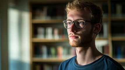 Fototapeta premium Young student in casual attire, focused and determined, embodying the pursuit of knowledge and academic growth. 