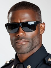 Obraz premium Serious black male police officer wearing sunglasses stands confidently against a white background