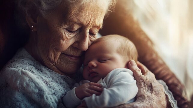 Elderly grandmother holding her newborn grandchild.