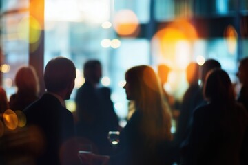 Corporate networking event with professionals engaging in conversations during an evening gathering