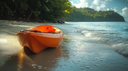 Obraz premium Bright orange kayak lies on a sandy beach with gentle waves, capturing outdoor adventure and serene nature.