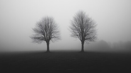 Two trees in a foggy field