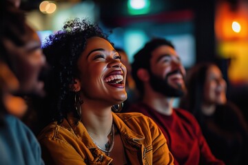 Fototapeta premium Diverse audience enjoys laughter at vibrant comedy show in cozy venue with joyful moments captured