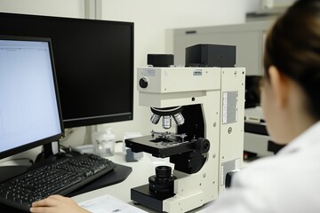 Quality control analyst examines products using advanced testing equipment in laboratory setting