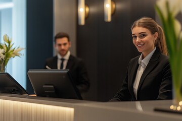 Professional hotel receptionist assists guest at modern desk with digital equipment in a polished environment