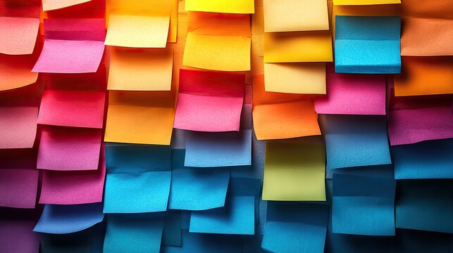 Bright sticky notes on a textured white wall offer space for business planning, office organization, or creative themes.