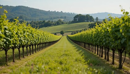 Fototapeta premium Neat vineyard rows embody the seamless balance between agriculture and nature. 