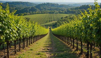 Neat vineyard rows embody the seamless balance between agriculture and nature.
