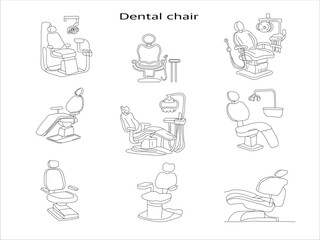 Dental care hand drawn vector icons set. Diverse dental chair line art.  Simple dental chair illustrations. Collection of dental chairs. Dentist chair. 
