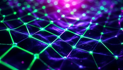Abstract Network Connection with Glowing Green Nodes and Purple Background