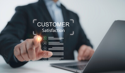 Businessman selecting the highest satisfaction rating in a digital interface, emphasizing service excellence and business credibility. online reviews, reputation management and marketing strategies