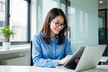 Young Asian Woman in Glasses Working on Laptop at Modern Office Desk with Natural Light, Engaged in Task and Smiling with Positive Energy