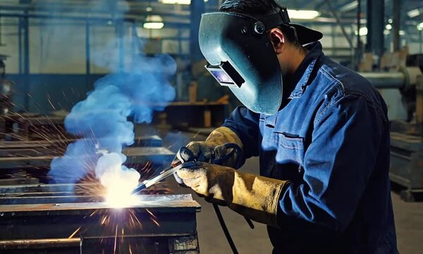 n industrial worker is performing welding on a metal product. This task is integral to the manufacturing process, as metal parts are fused together in a factory environment
