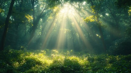 Obraz premium Bright sunlight through trees in a lush green forest creates a peaceful atmosphere and connection with nature.