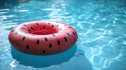 Bright watermelon inflatable ring floats on a blue pool, creating a refreshing summer scene for relaxation and holidays.