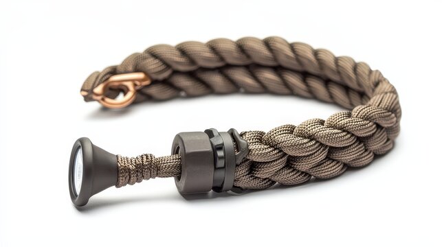 Detailed product shot of a paracord bracelet featuring an emergency whistle for outdoor enthusiasts - Powered by Adobe