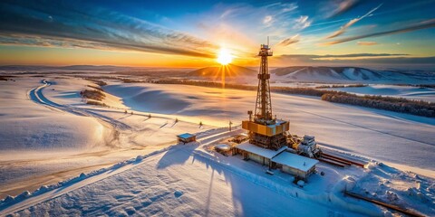 Aerial Drone Shot: Winter Land Drilling Rig Operation in Snowy Landscape
