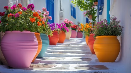 Fototapeta premium Brightly colored flower pots add vibrancy to a whitewashed alley, a charming Greek island scene.