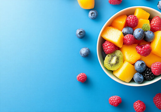 a colorful bowl of fresh fruit salad on a wooden background,