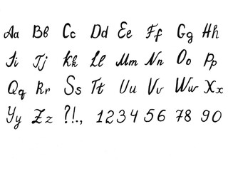 Alphabet painted with watercolors. Handwritten alphabet.
